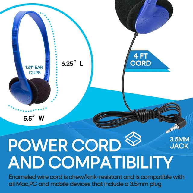 Alt view image 7 of 7 - Classroom Headphones Bulk 100 Pack Class Set for School Students Kids and Adult -Sturdy Wired 3.5mm Plug (Blue, 100 Pack)