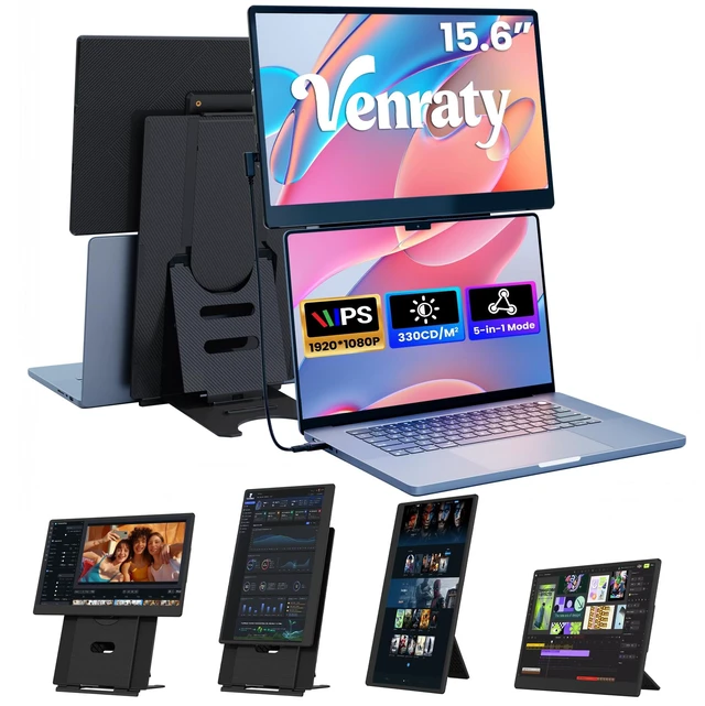 Main image of Laptop Screen Extender, 15.6" FHD 1080P Detachable Monitor Portable 360° Rotating, Height Adjustable, Vsea support, Dual Stands, Smart Display software, Fit 13-17" Laptop, Remote Work & Travel
