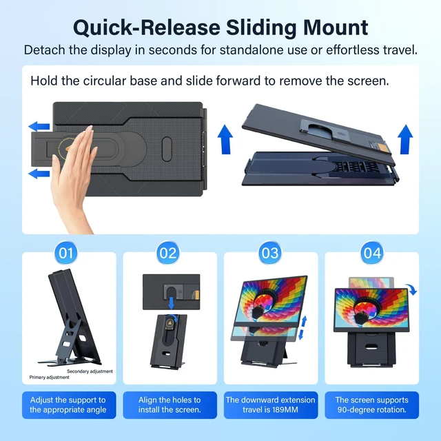 Alt view image 3 of 7 - Laptop Screen Extender, 15.6" FHD 1080P Detachable Monitor Portable 360° Rotating, Height Adjustable, Vsea support, Dual Stands, Smart Display software, Fit 13-17" Laptop, Remote Work & Travel