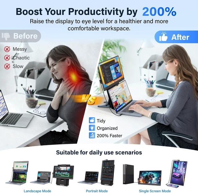 Alt view image 4 of 7 - Laptop Screen Extender, 15.6" FHD 1080P Detachable Monitor Portable 360° Rotating, Height Adjustable, Vsea support, Dual Stands, Smart Display software, Fit 13-17" Laptop, Remote Work & Travel
