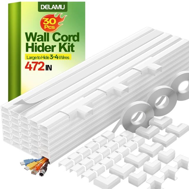 Alt view image 2 of 7 - TV Cord Hider, 472in Cord Covers for 3-4 Wires on Wall, Large Cable Hider Cable Management, Easy Set up Wire Hiders Wire Covers for Cords on Wall, TV Cables Cover Raceway, W1.18 H0.67in, White