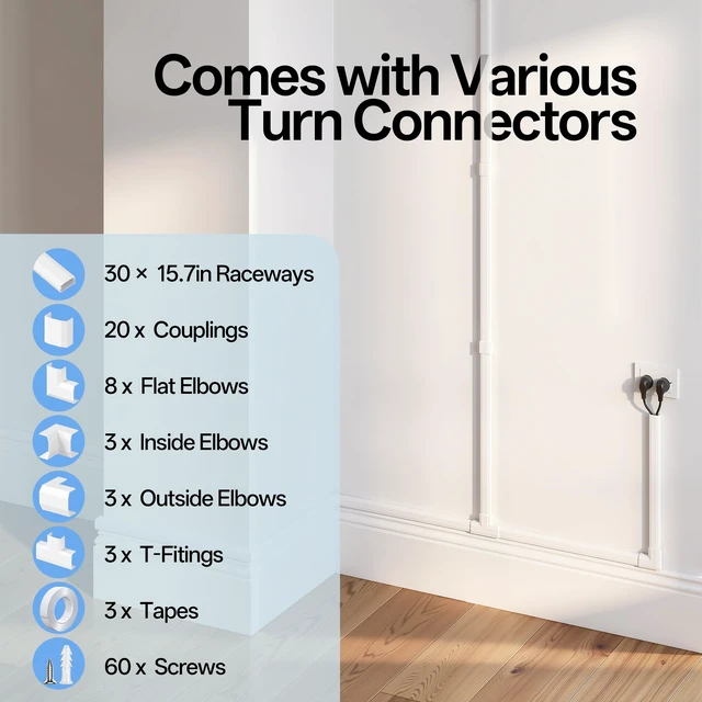 Alt view image 3 of 7 - TV Cord Hider, 472in Cord Covers for 3-4 Wires on Wall, Large Cable Hider Cable Management, Easy Set up Wire Hiders Wire Covers for Cords on Wall, TV Cables Cover Raceway, W1.18 H0.67in, White