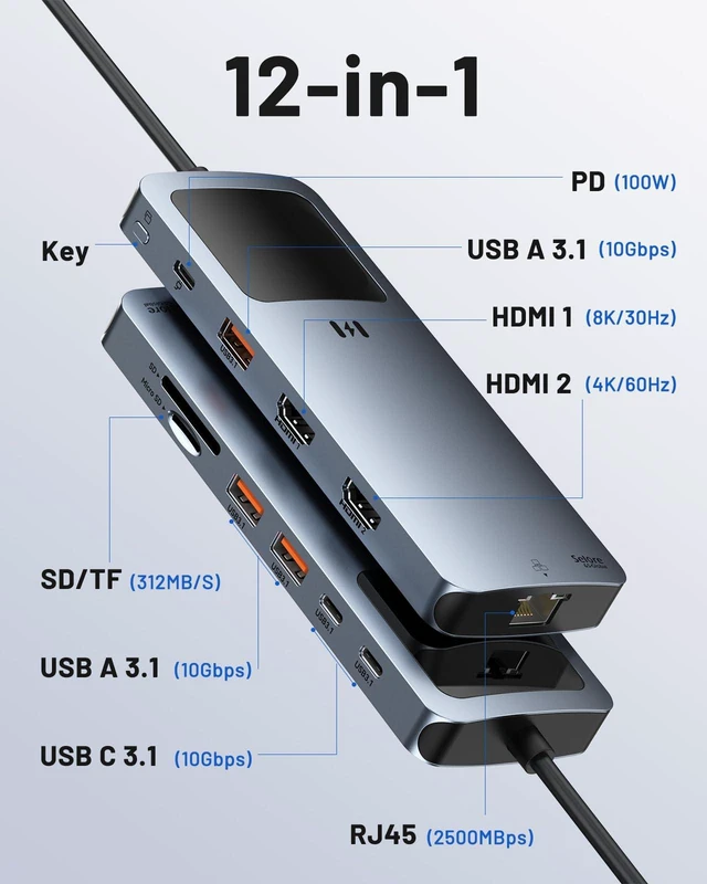 Alt view image 2 of 7 - Selore USB C Docking Station Dual HDMI, USB C to Dual HDMI Adapter 4K@60Hz Dual HDMI, Smart Display, 100W PD, 10Gbps USB 3.1, 2.5G Ethernet, SD/microSD Reader for Dell/HP/Lenovo/ MacBook