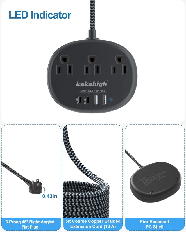 Alt view image 3 of 7 - Black Extension Cord with USB, 10 Feet 1625W Extension Cord 3 Prong with 3 AC Outlet 4 USB (24W/4.8A), Bedside Charging Station for Home, Office and Dorm
