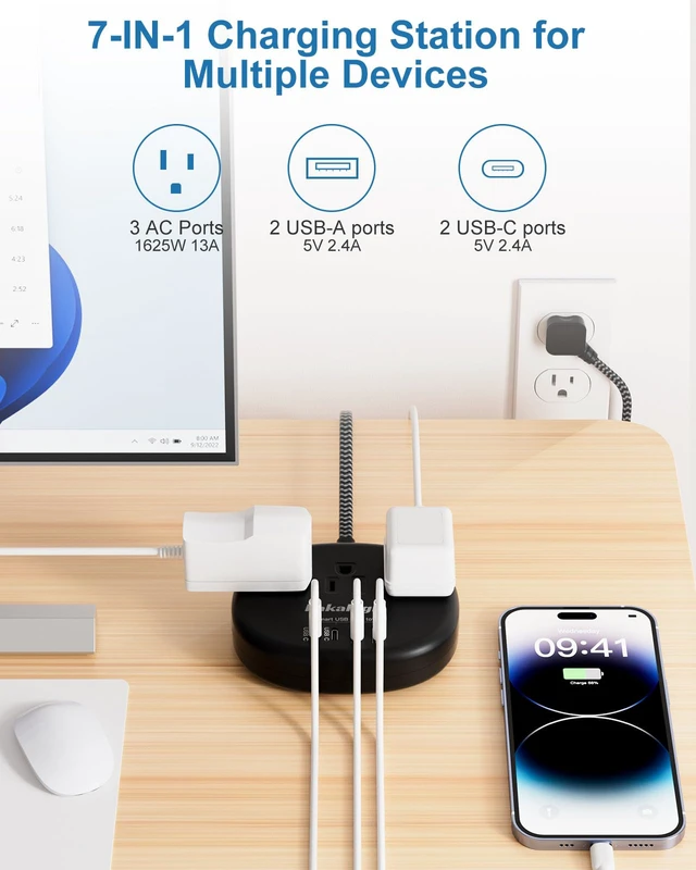 Alt view image 5 of 7 - Black Extension Cord with USB, 10 Feet 1625W Extension Cord 3 Prong with 3 AC Outlet 4 USB (24W/4.8A), Bedside Charging Station for Home, Office and Dorm