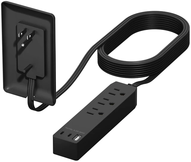 Main image of Outlet Extender with 3 Receptacles, 21W USB-A & 2 USB-C, Flat-Face ETL Listed, 8ft Cord, 1625W, Matte Black, 3-Outlet Power Strip, Wall Plate Plug With Cord Extender, Premium Quality