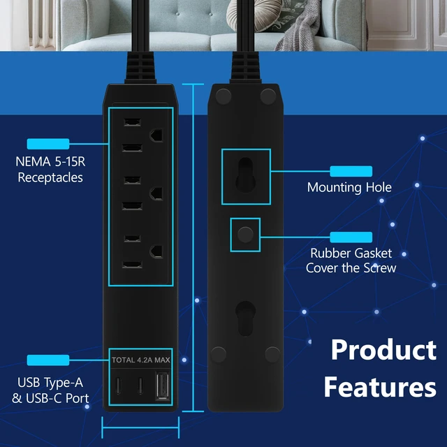 Alt view image 4 of 7 - Outlet Extender with 3 Receptacles, 21W USB-A & 2 USB-C, Flat-Face ETL Listed, 8ft Cord, 1625W, Matte Black, 3-Outlet Power Strip, Wall Plate Plug With Cord Extender, Premium Quality