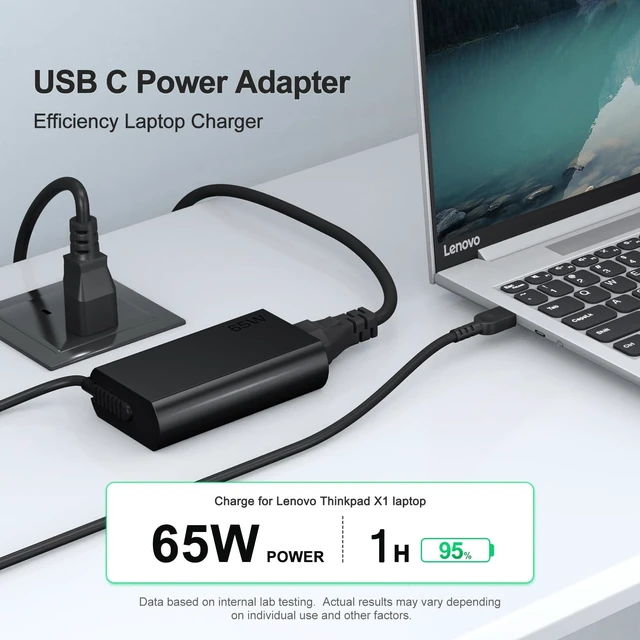 Alt view image 2 of 4 - 65W USB C Laptop Charger for Lenovo Laptop Charger Compatible with Lenovo ThinkPad/Yoga/ThinkBook L580 L590 E580 P43S P53S with Power Cord