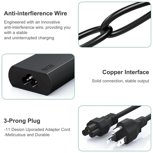 Alt view image 4 of 4 - 65W USB C Laptop Charger for Lenovo Laptop Charger Compatible with Lenovo ThinkPad/Yoga/ThinkBook L580 L590 E580 P43S P53S with Power Cord