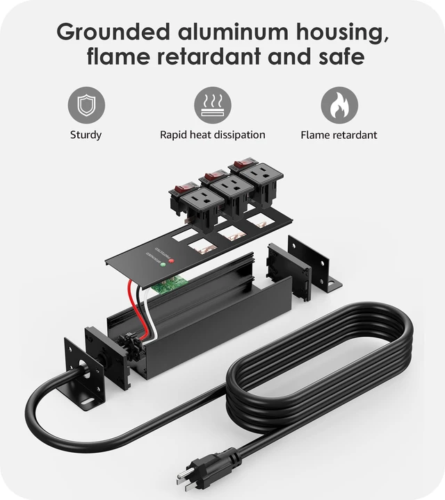 Alt view image 6 of 7 - 3 Outlets Heavy Duty Surge Protector, 12 Gauge, Black, 25FT, 1 20 Amp Individual Switches, Outdoor Extension Cord, Wall Mount Plug Extender, Grounding, Appliance, Garage Metal Power Strip