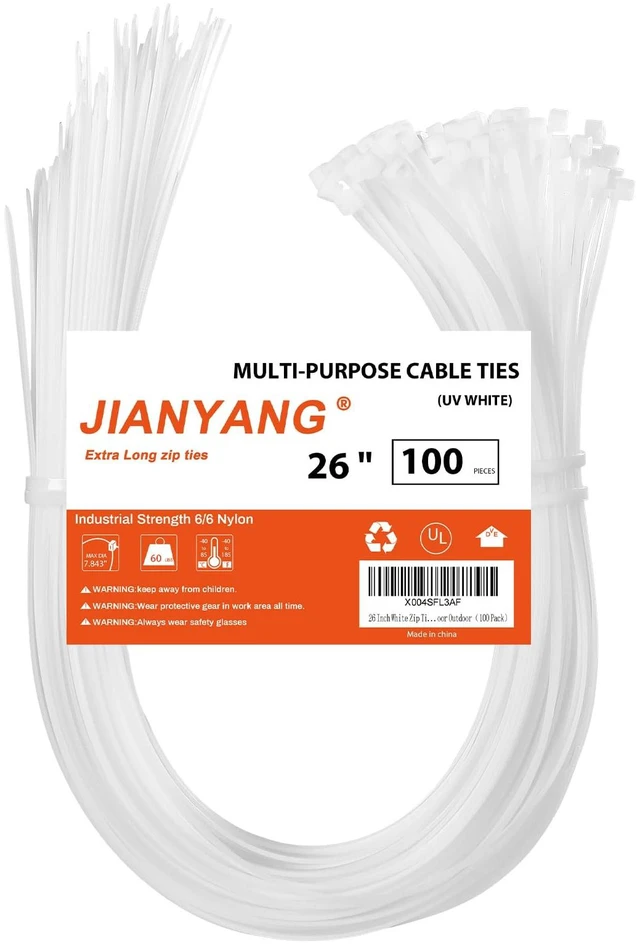 Main image of 26 Inch White Long Zip Ties,60 LBS Tensile Strength Heavy Duty Large Cable Wire Ties With Self-Locking Adjustable More Durable Nylon Tie Wraps for Indoor Outdoor100 Pack