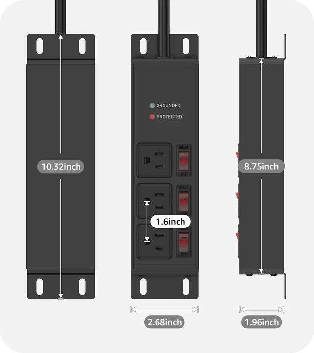 Alt view image 7 of 7 - 3 Outlets Heavy Duty Surge Protector, 12 Gauge, Black, 25FT, 1 20 Amp Individual Switches, Outdoor Extension Cord, Wall Mount Plug Extender, Grounding, Appliance, Garage Metal Power Strip