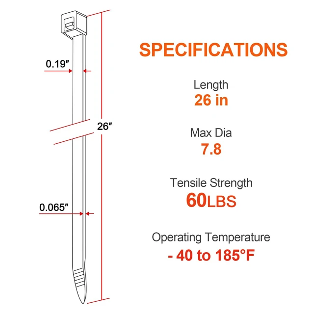Alt view image 2 of 7 - 26 Inch White Long Zip Ties,60 LBS Tensile Strength Heavy Duty Large Cable Wire Ties With Self-Locking Adjustable More Durable Nylon Tie Wraps for Indoor Outdoor100 Pack