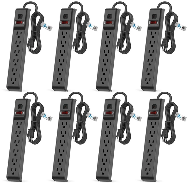 Main image of 6 Outlet Power Strip Surge Protector, 2 FT Extension Cord with Overload Protection, Wall Mountable for Home and Office, 600J, 15A/1875W, ETL Listed, 8 Packs