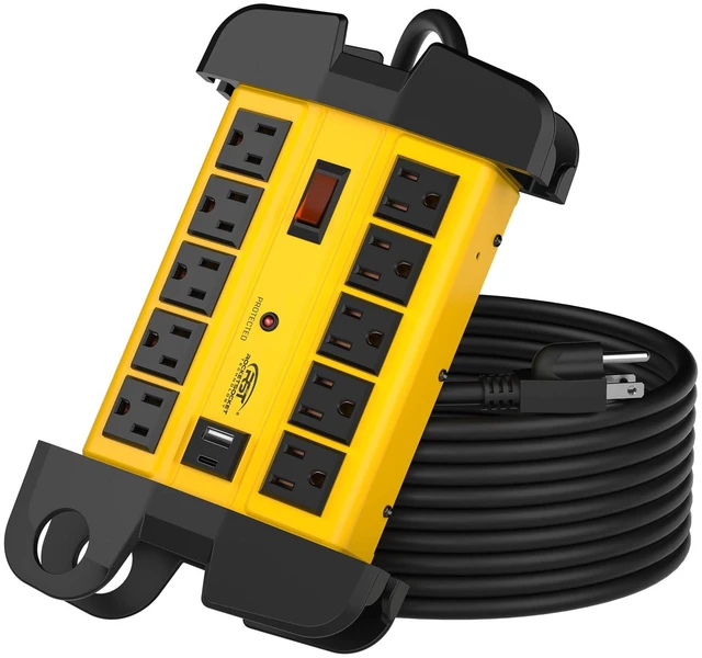 Main image of 10-Outlet Heavy Duty Power Strip with USB-C, 15FT, ETL Listed Metal Surge Protector Power Strip with 2800J,15A Circuit Breaker, Wall Mount for Workshop, Garage, Office, School