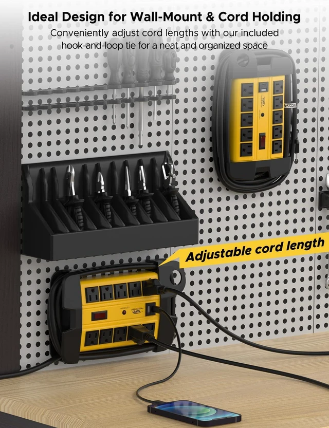 Alt view image 4 of 6 - 10-Outlet Heavy Duty Power Strip with USB-C, 15FT, ETL Listed Metal Surge Protector Power Strip with 2800J,15A Circuit Breaker, Wall Mount for Workshop, Garage, Office, School