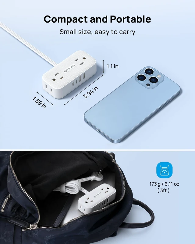 Alt view image 3 of 7 - Flat Plug Power Strip, Small Extension Cord 3ft, 4 AC & 4 USB, White Flat Extension Cord with Multiple Outlets, 1250W, Wall Mount 900J Surge Protector for Home Office Travel Dorm Room Essentials