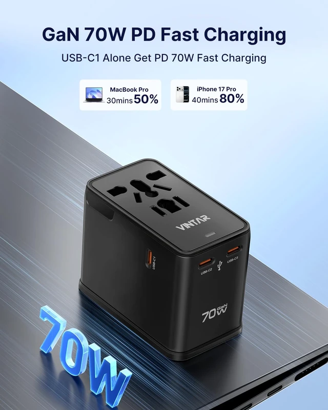 Alt view image 2 of 6 - Universal Travel Adapter 70W GaN, 5-in-1 with 3USB-C PD & 1USB-A QC International Power Adapter, Fast Charging for Laptops/Tablets/Phones, All-in-One Travel Essentials for EU/UK/US/AU, Black