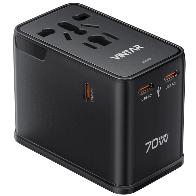 Main image of Universal Travel Adapter 70W GaN, 5-in-1 with 3USB-C PD & 1USB-A QC International Power Adapter, Fast Charging for Laptops/Tablets/Phones, All-in-One Travel Essentials for EU/UK/US/AU, Black
