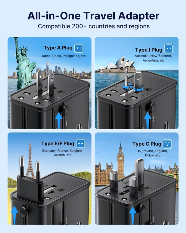 Alt view image 3 of 6 - Universal Travel Adapter 70W GaN, 5-in-1 with 3USB-C PD & 1USB-A QC International Power Adapter, Fast Charging for Laptops/Tablets/Phones, All-in-One Travel Essentials for EU/UK/US/AU, Black