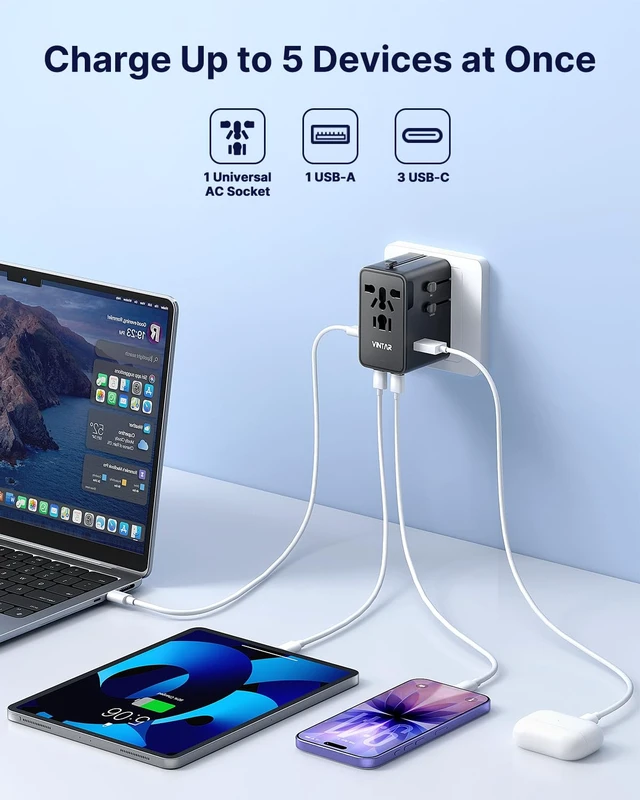 Alt view image 4 of 6 - Universal Travel Adapter 70W GaN, 5-in-1 with 3USB-C PD & 1USB-A QC International Power Adapter, Fast Charging for Laptops/Tablets/Phones, All-in-One Travel Essentials for EU/UK/US/AU, Black