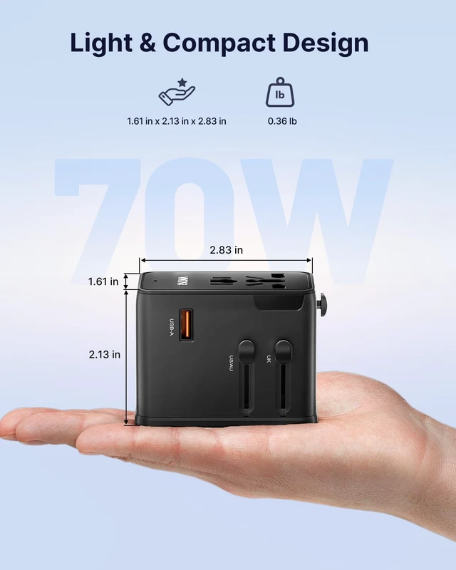 Alt view image 5 of 6 - Universal Travel Adapter 70W GaN, 5-in-1 with 3USB-C PD & 1USB-A QC International Power Adapter, Fast Charging for Laptops/Tablets/Phones, All-in-One Travel Essentials for EU/UK/US/AU, Black