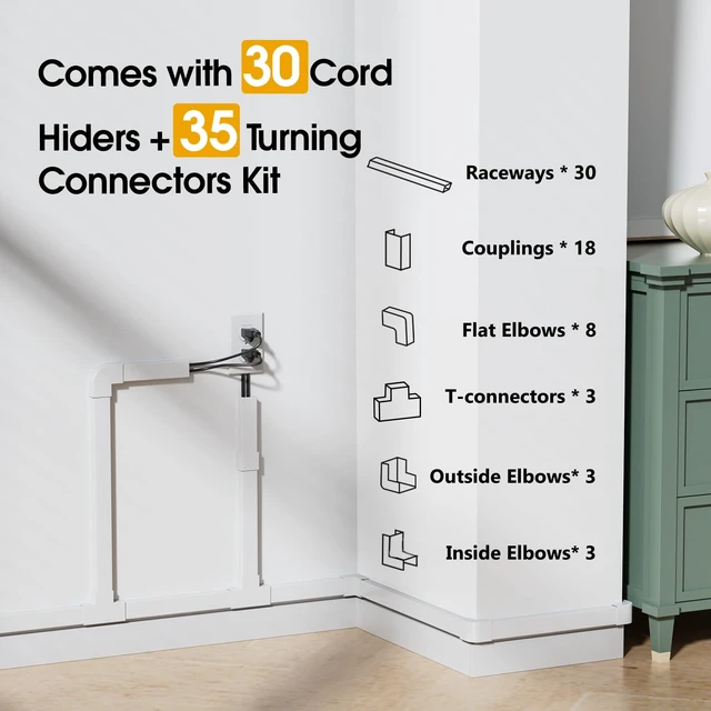 Alt view image 3 of 7 - 425in TV Cord Hider Wall, Cord Covers for 2-3 Wires on Wall, Easier Set-up Cable Hider Wire Covers for Cords on Wall, Paintable Cable Cover Management to Hide TV Wires, W0.95 H0.55in, White