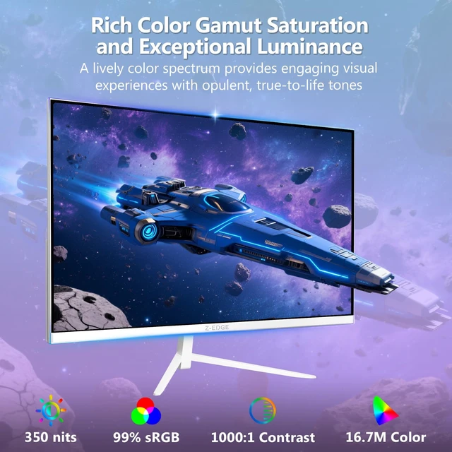 Alt view image 7 of 7 - Z-Edge 24 inch 240Hz 165Hz Gaming Monitor, FHD 1080p, IPS Monitor Gaming MPRT 1ms, 350nits, 16.7M Colors, 99% sRGB, UG24PJ Frameless Bezel, DP x1, HDMI x1(White)