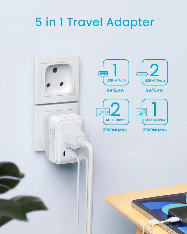 Alt view image 4 of 6 - Type M Adapter for South Africa, 2 Pack Foldable Africa Travel Plug 5 in 1 with 2 Outlets 3 USB, Dual USB C Fast Charge, Africa Travel Essentials for US to Malaysia Namibia Nepal Mozambique