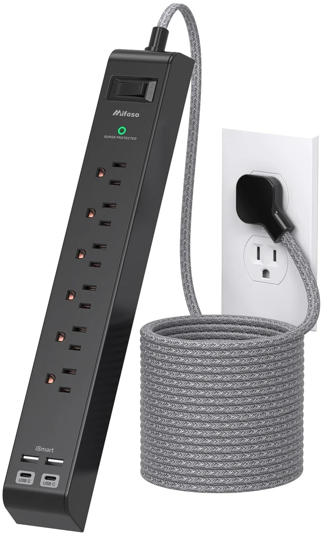 Main image of Surge Protector Power Strip 5FT, 10-in-1 with 6 AC Outlets 4 USB Ports(2 USB-C), Ultra Flat Plug Braided Extension Cord, Wall Mountable, 1080J Surge Protection, Black