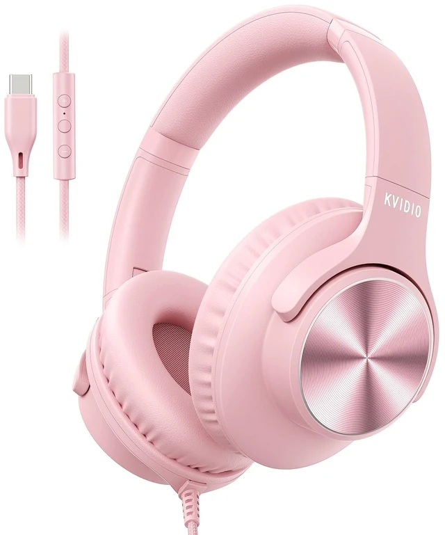 Main image of USB C Wired Headphones with Mic, Volume Control, Over-Ear for School, Pink Foldable Plug in Headphones with Volume Control for Teens Classroom Travel, 4.9ft Tangle-Free Cord for Tablet Phone Laptop PC
