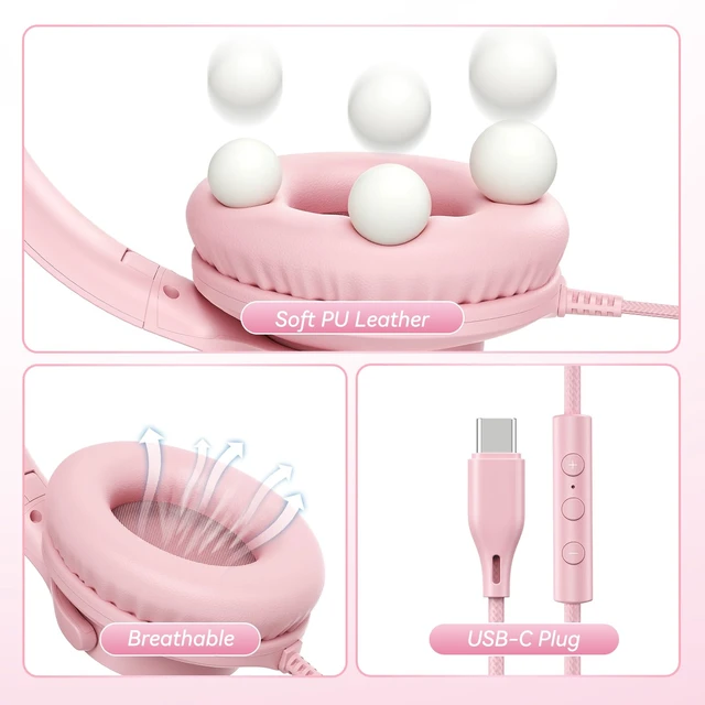 Alt view image 6 of 7 - USB C Wired Headphones with Mic, Volume Control, Over-Ear for School, Pink Foldable Plug in Headphones with Volume Control for Teens Classroom Travel, 4.9ft Tangle-Free Cord for Tablet Phone Laptop PC