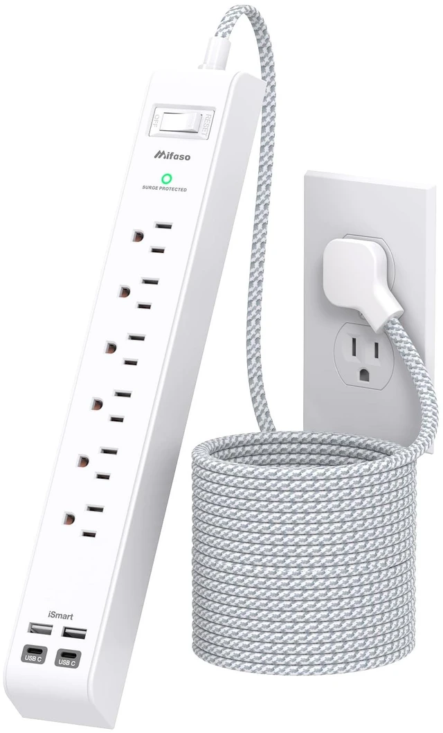 Main image of Surge Protector Power Strip 5FT, 10-in-1 with 6 AC Outlets 4 USB Ports(2 USB-C), Ultra Flat Plug Braided Extension Cord, Wall Mountable, 1080J Surge Protection, ETL Listed, White