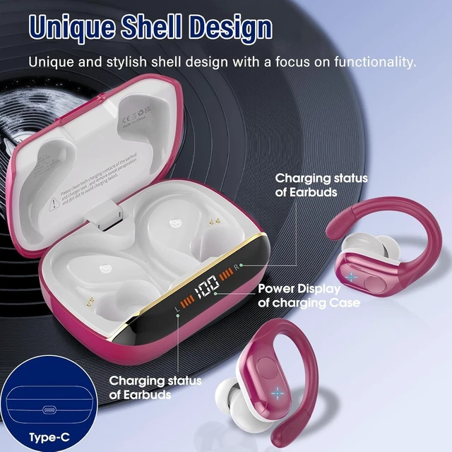 Alt view image 5 of 7 - Wireless Earbuds Bluetooth 5.4 Headphones 75H Stereo Deep Bass Sports Over Ear Buds with Earhooks, LED Display Bluetooth Earbuds with 4 ENC Mic, IP7 Waterproof Earphone for Running, Rose Gold