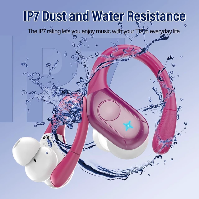 Alt view image 7 of 7 - Wireless Earbuds Bluetooth 5.4 Headphones 75H Stereo Deep Bass Sports Over Ear Buds with Earhooks, LED Display Bluetooth Earbuds with 4 ENC Mic, IP7 Waterproof Earphone for Running, Rose Gold