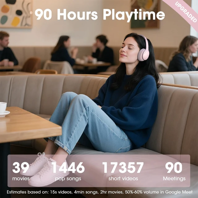 Alt view image 2 of 7 - Bluetooth Headphones Over Ear, Headphones Wireless, APP Control 90H Playtime, 9 EQ Modes, Bluetooth5.4, Hifi Stereo Sound Headphones, ENC Mic, Foldable, for Travel Work Study Phone, Pink