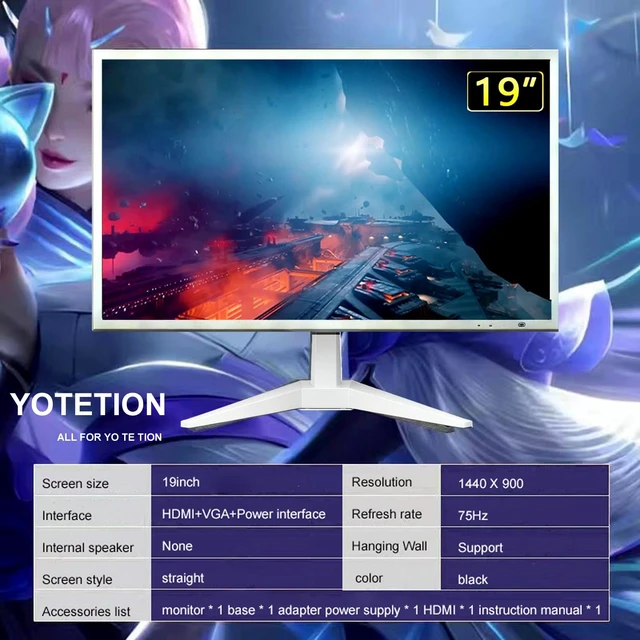 Alt view image 5 of 7 - 19-inch Full HD 75Hz Small Thin Monitor for laptops White, Computers and desktops, HD+ 1440 x 900p, Anti-Glare, LED Display, VGA/HDMI Connection