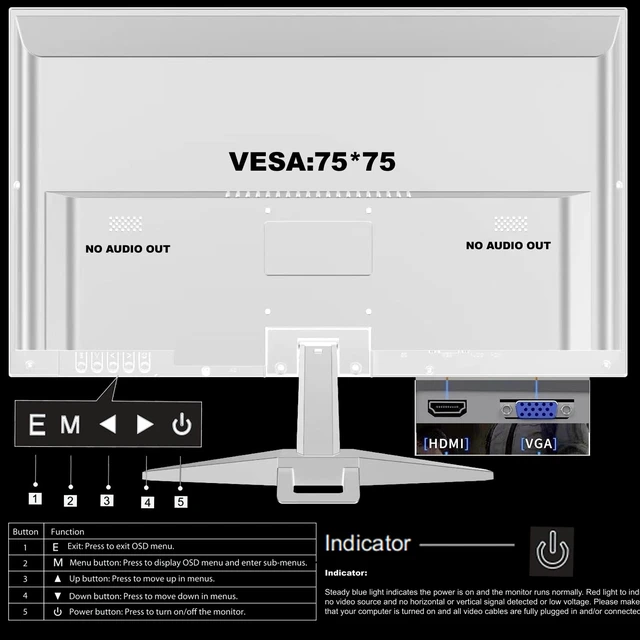 Alt view image 7 of 7 - 19-inch Full HD 75Hz Small Thin Monitor for laptops White, Computers and desktops, HD+ 1440 x 900p, Anti-Glare, LED Display, VGA/HDMI Connection