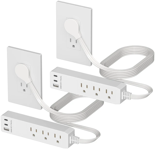 Main image of Outlet Extender with 3 Receptacles, USB-A & 2 USB-C Ports, Flat-Plug ETL Listed, 5ft Cord, 1250W, 2-Pack, Matte White, 3-Outlet Power Strip, Slim Angled Design, Ultra-Thin, Premium Quality
