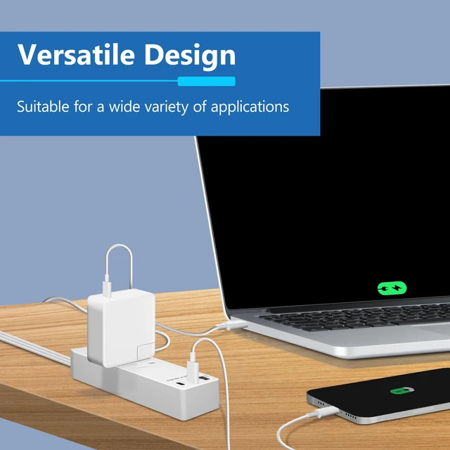 Alt view image 2 of 7 - Outlet Extender with 3 Receptacles, USB-A & 2 USB-C Ports, Flat-Plug ETL Listed, 5ft Cord, 1250W, Matte White, 3-Outlet Power Strip, Slim Angled Design, Cord Extender, Ultra-Thin