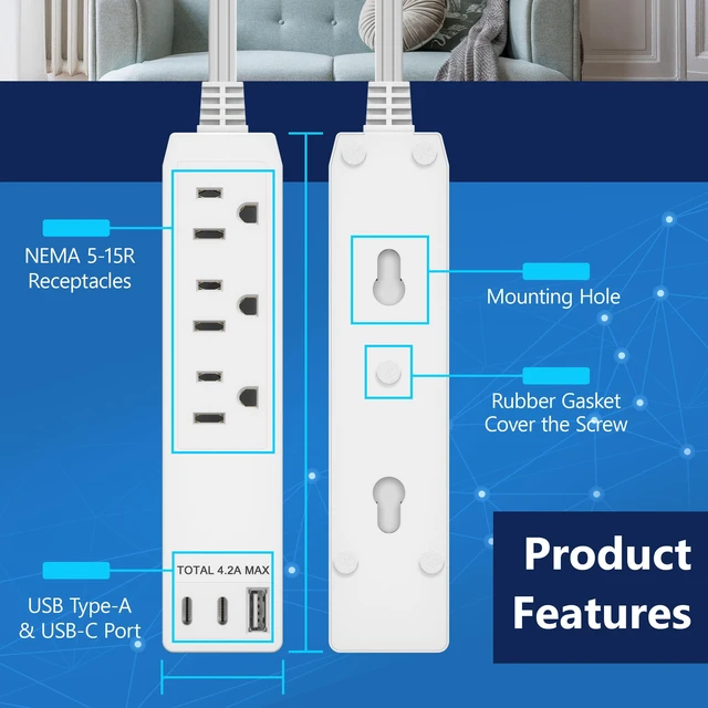 Alt view image 4 of 7 - Outlet Extender with 3 Receptacles, 21W USB-A & 2 USB-C, Flat-Face ETL Listed, 8ft Cord, 1625W, Matte White, 3-Outlet Power Strip, Wall Plate Plug With Cord Extender, Premium Quality