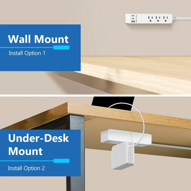 Alt view image 4 of 7 - Outlet Extender with 3 Receptacles, USB-A & 2 USB-C Ports, Flat-Plug ETL Listed, 5ft Cord, 1250W, Matte White, 3-Outlet Power Strip, Slim Angled Design, Cord Extender, Ultra-Thin