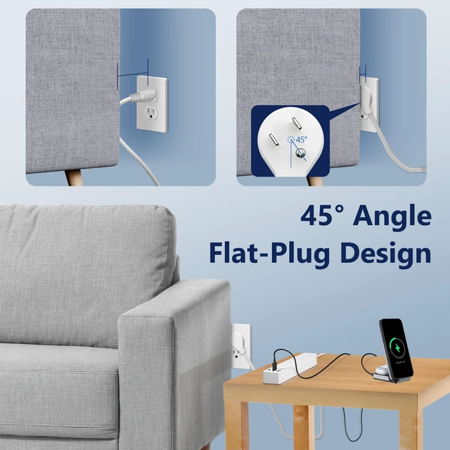 Alt view image 5 of 7 - Outlet Extender with 3 Receptacles, USB-A & 2 USB-C Ports, Flat-Plug ETL Listed, 5ft Cord, 1250W, Matte White, 3-Outlet Power Strip, Slim Angled Design, Cord Extender, Ultra-Thin