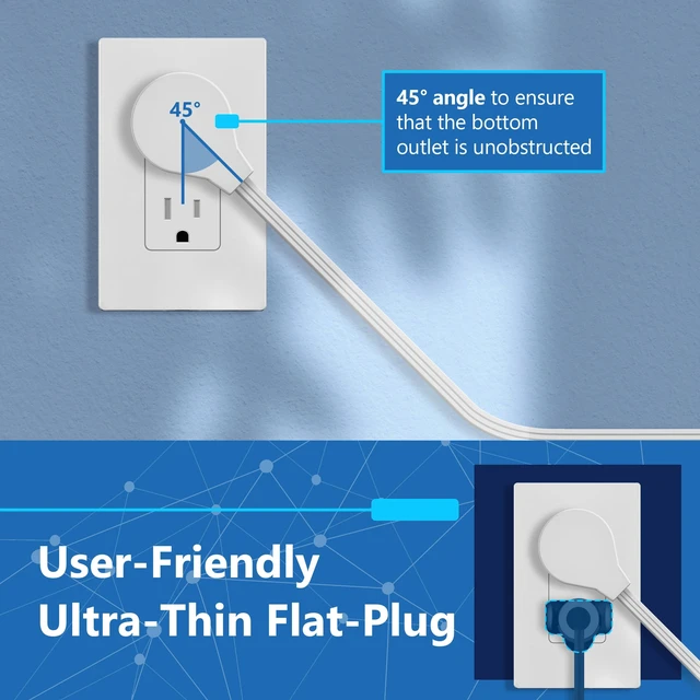 Alt view image 7 of 7 - Outlet Extender with 3 Receptacles, USB-A & 2 USB-C Ports, Flat-Plug ETL Listed, 5ft Cord, 1250W, Matte White, 3-Outlet Power Strip, Slim Angled Design, Cord Extender, Ultra-Thin
