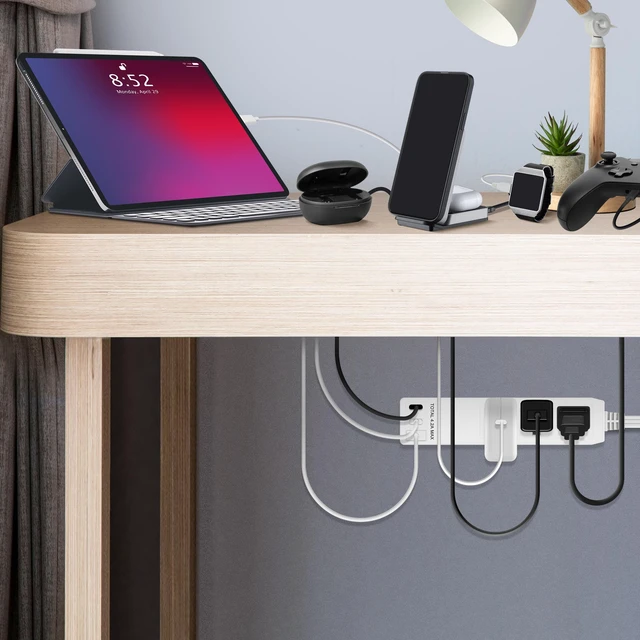 Alt view image 7 of 7 - Outlet Extender with 3 Receptacles, 21W USB-A & 2 USB-C, Flat-Face ETL Listed, 8ft Cord, 1625W, Matte White, 3-Outlet Power Strip, Wall Plate Plug With Cord Extender, Premium Quality