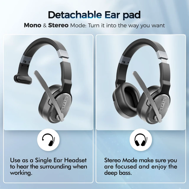 Alt view image 2 of 6 - Trucker Bluetooth Headset, Wireless Headset with Mic for Work Trucker Headset with Noise Cancelling Headphones, Long Battery Life Bluetooth Headphones with Detachable Earpad for Driving