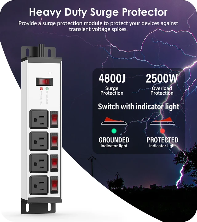 Alt view image 2 of 7 - Magnetic Heavy Duty Surge Protector, 12 Gauge, Silver, 15FT, 1 Individual Switches, Outdoor Extension Cord with Multiple Outlets, Wall Mount Plug Extender, Grounding, Garage Power Strip