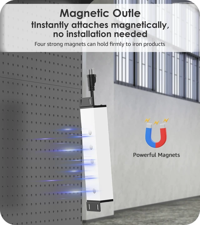 Alt view image 3 of 7 - Magnetic Heavy Duty Surge Protector, 12 Gauge, Silver, 15FT, 1 Individual Switches, Outdoor Extension Cord with Multiple Outlets, Wall Mount Plug Extender, Grounding, Garage Power Strip