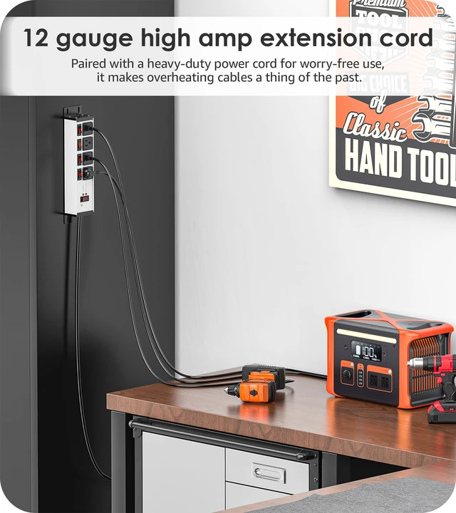 Alt view image 5 of 7 - Magnetic Heavy Duty Surge Protector, 12 Gauge, Silver, 15FT, 1 Individual Switches, Outdoor Extension Cord with Multiple Outlets, Wall Mount Plug Extender, Grounding, Garage Power Strip