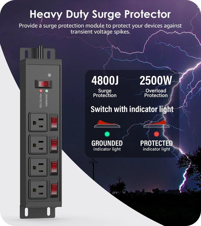 Alt view image 2 of 7 - Magnetic Heavy Duty Surge Protector, 12 Gauge, Black, 25FT, 1 Individual Switches, Outdoor Extension Cord with Multiple Outlets, Wall Mount Plug Extender, Grounding, Garage Power Strip